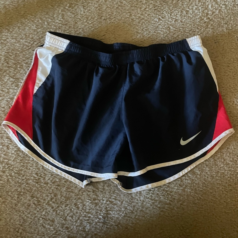 Nike Women's Navy and White Athletic Shorts with Red Accents